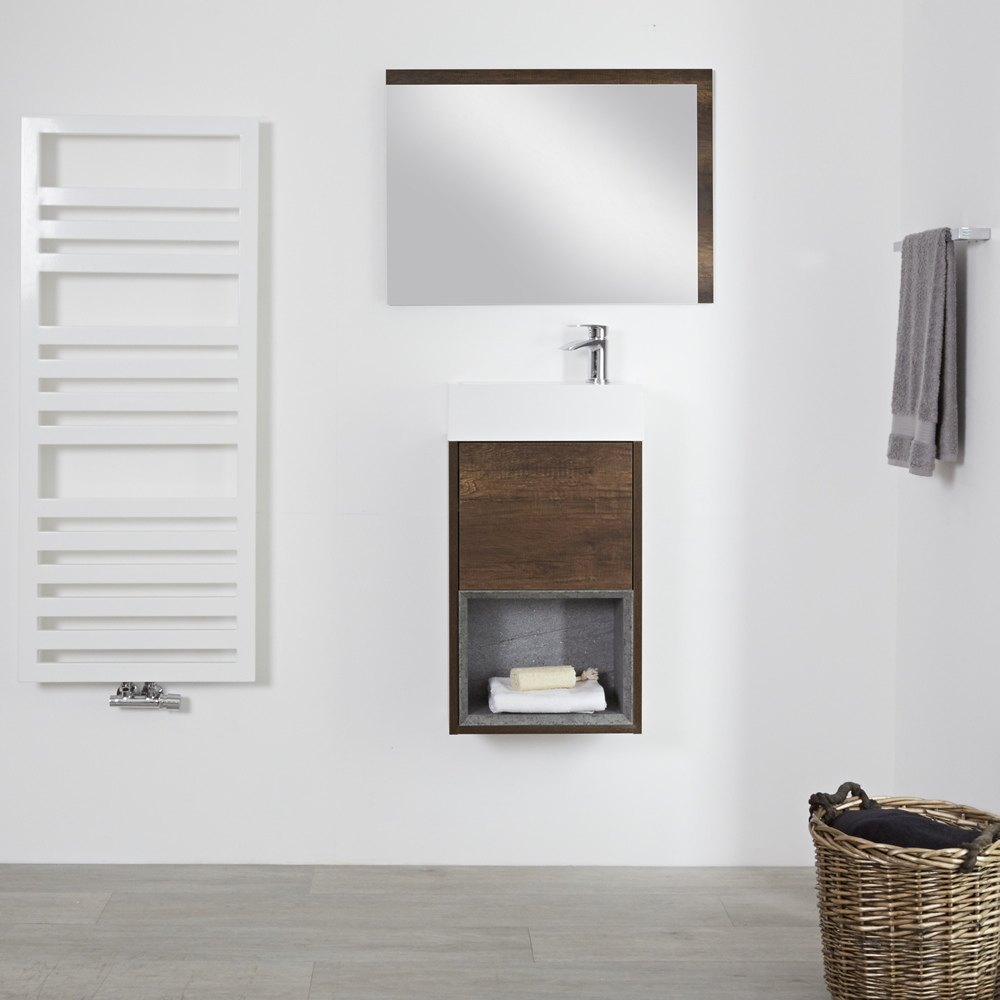 Mobile Bagno 400mm Colore Rovere Scuro con Design Aperto e Lavabo da Appoggio – Hoxton