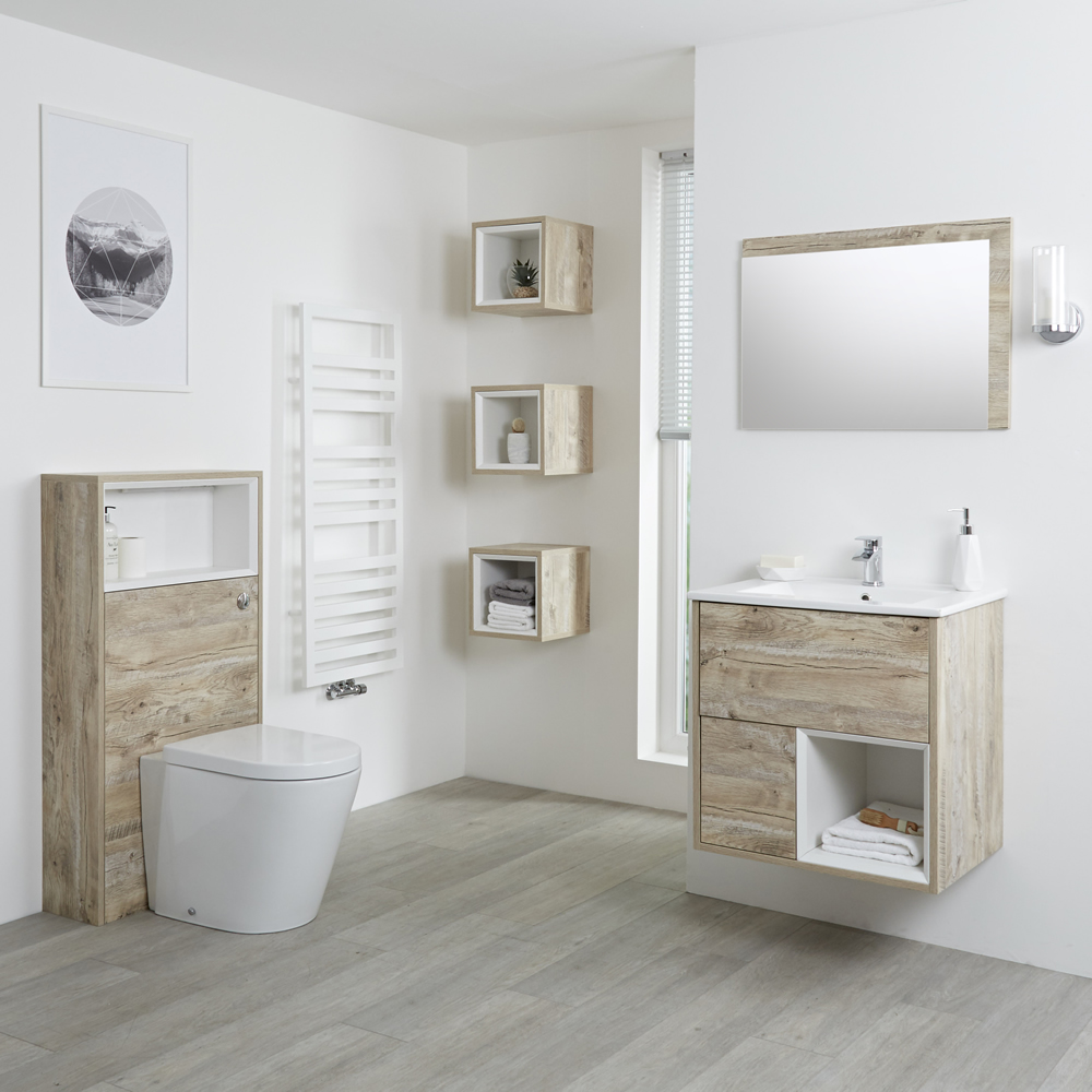 Set Bagno Completo di Mobile Lavabo 600mm e Mobile WC Colore Rovere Chiaro con Design Completo di Lavabo e Sanitario - Hoxton
