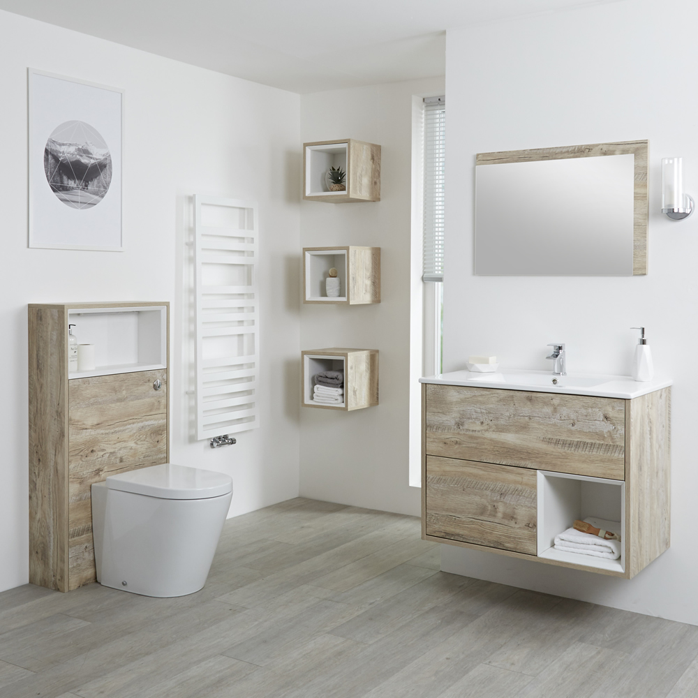 Set Bagno Completo di Mobile Lavabo 800mm e Mobile WC Colore Rovere Chiaro con Design Completo di Lavabo e Sanitario - Hoxton