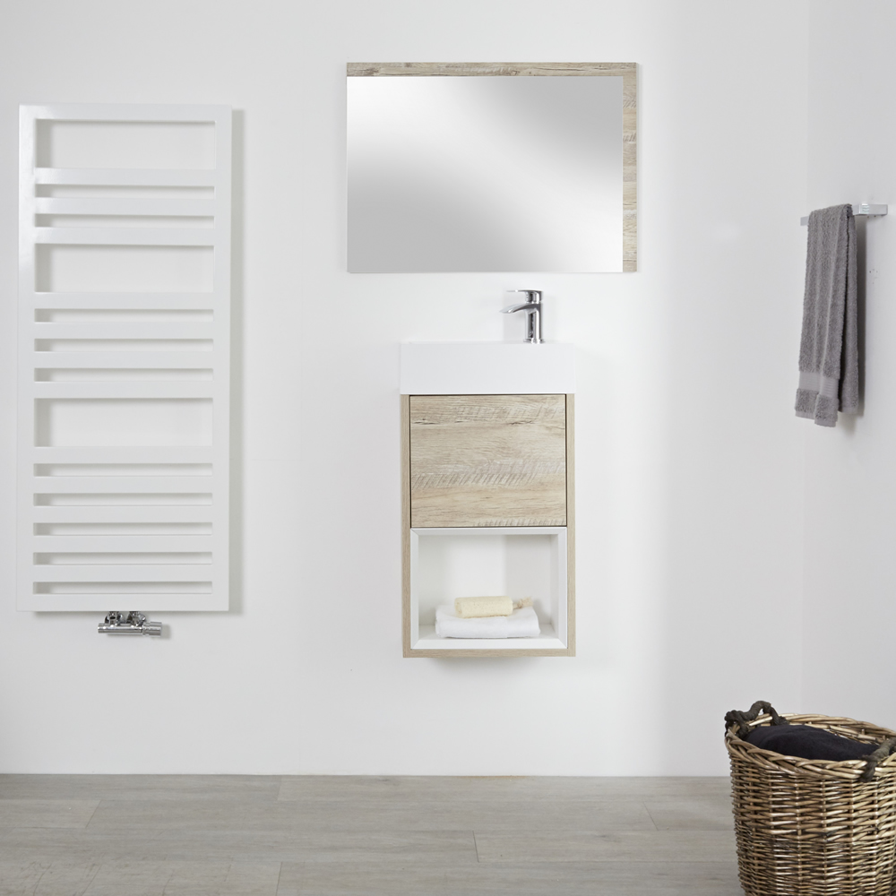 Mobile Bagno 400mm Colore Rovere Chiaro con Design Aperto e Lavabo da Appoggio – Hoxton