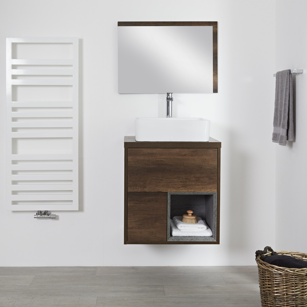 Mobile Bagno 600mm Colore Rovere Scuro con Design Aperto e Lavabo da Appoggio Quadrato - Hoxton