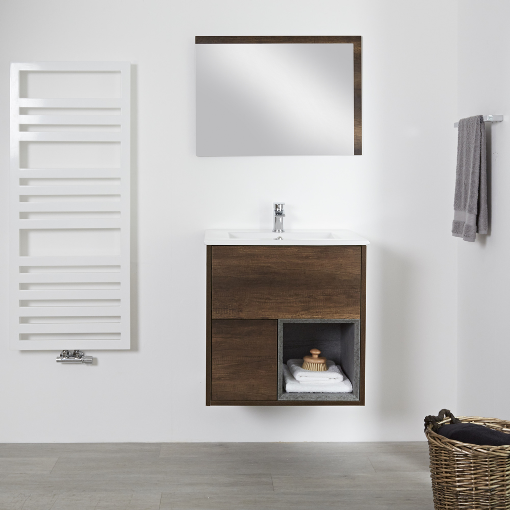 Mobile Bagno 600mm Colore Rovere Scuro con Lavabo e Design Aperto - Hoxton