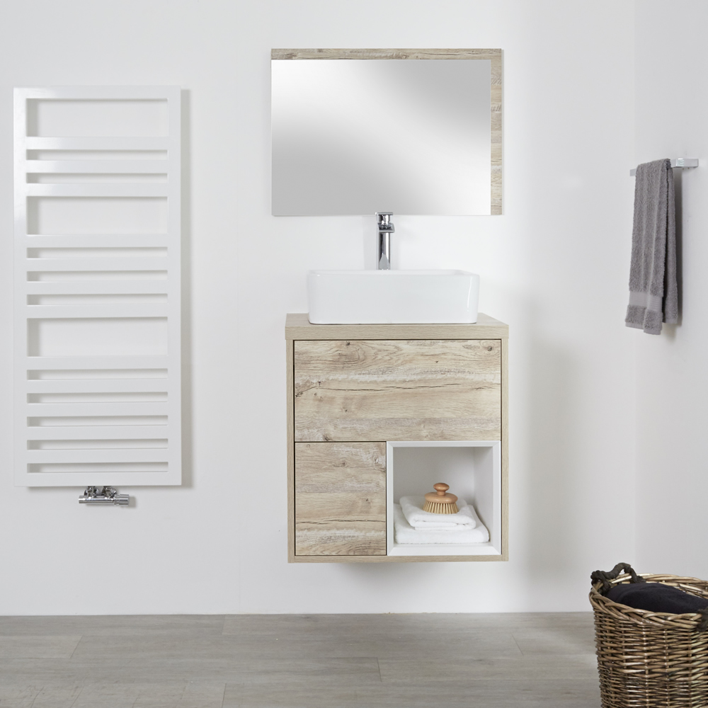 Mobile Bagno 600mm Colore Rovere Chiaro con Design Aperto e Lavabo da Appoggio Quadrato - Hoxton