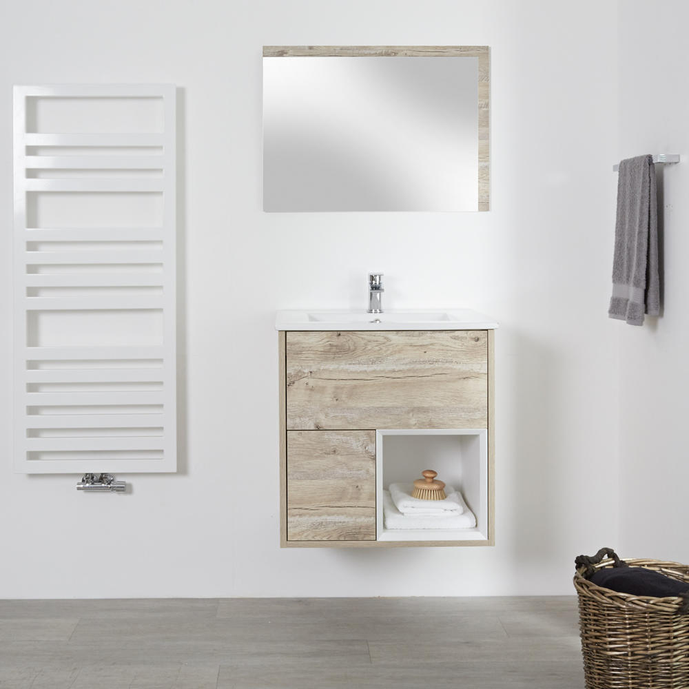 Mobile Bagno 600mm Colore Rovere Chiaro con Lavabo e Design Aperto - Hoxton