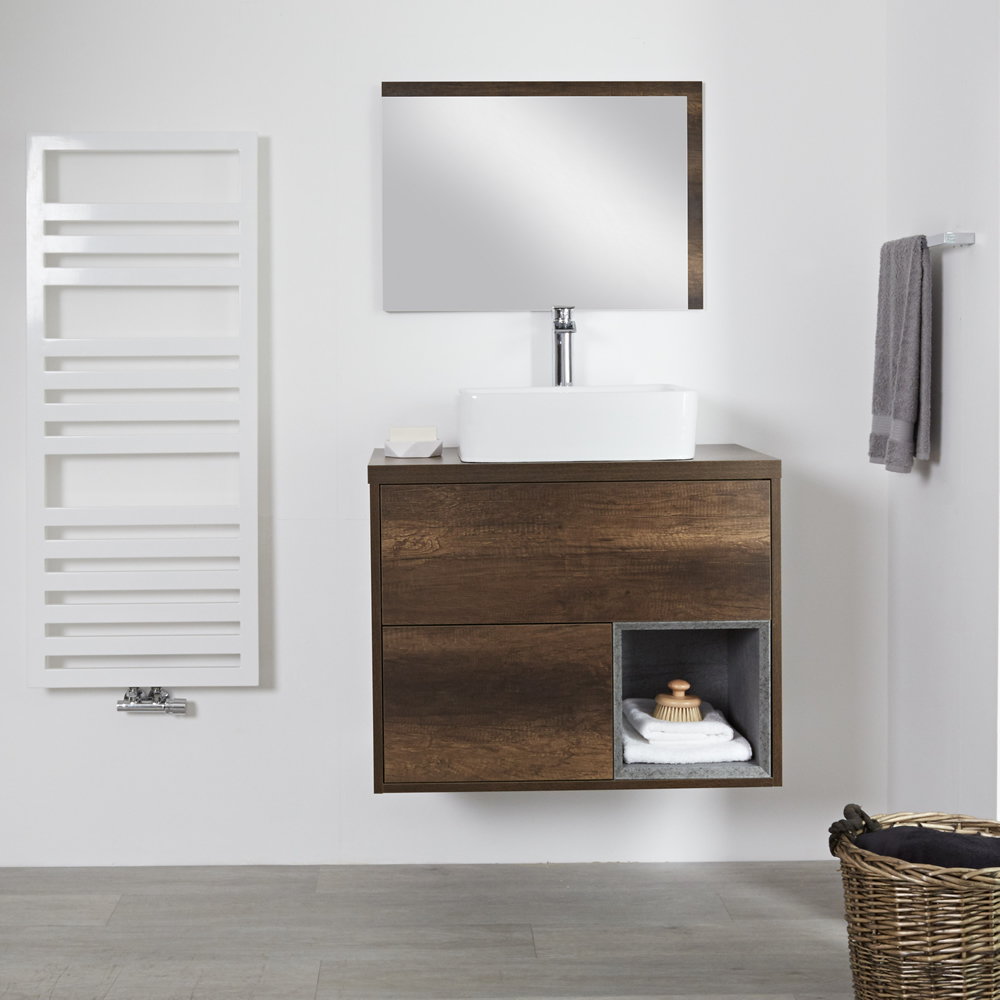 Mobile Bagno 800mm Colore Rovere Scuro con Design Aperto e Lavabo da Appoggio Rettangolare - Hoxton