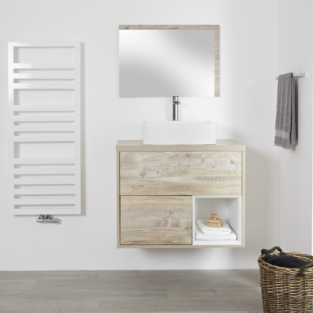 Mobile Bagno 800mm Colore Rovere Chiaro con Design Aperto e Lavabo da Appoggio Rettangolare - Hoxton