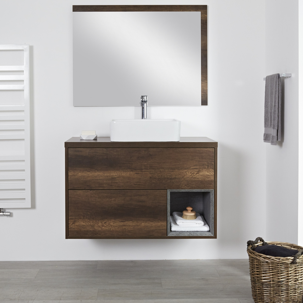 Mobile Bagno 1000mm Colore Rovere Scuro con Design Aperto e Lavabo da Appoggio Rettangolare - Hoxton