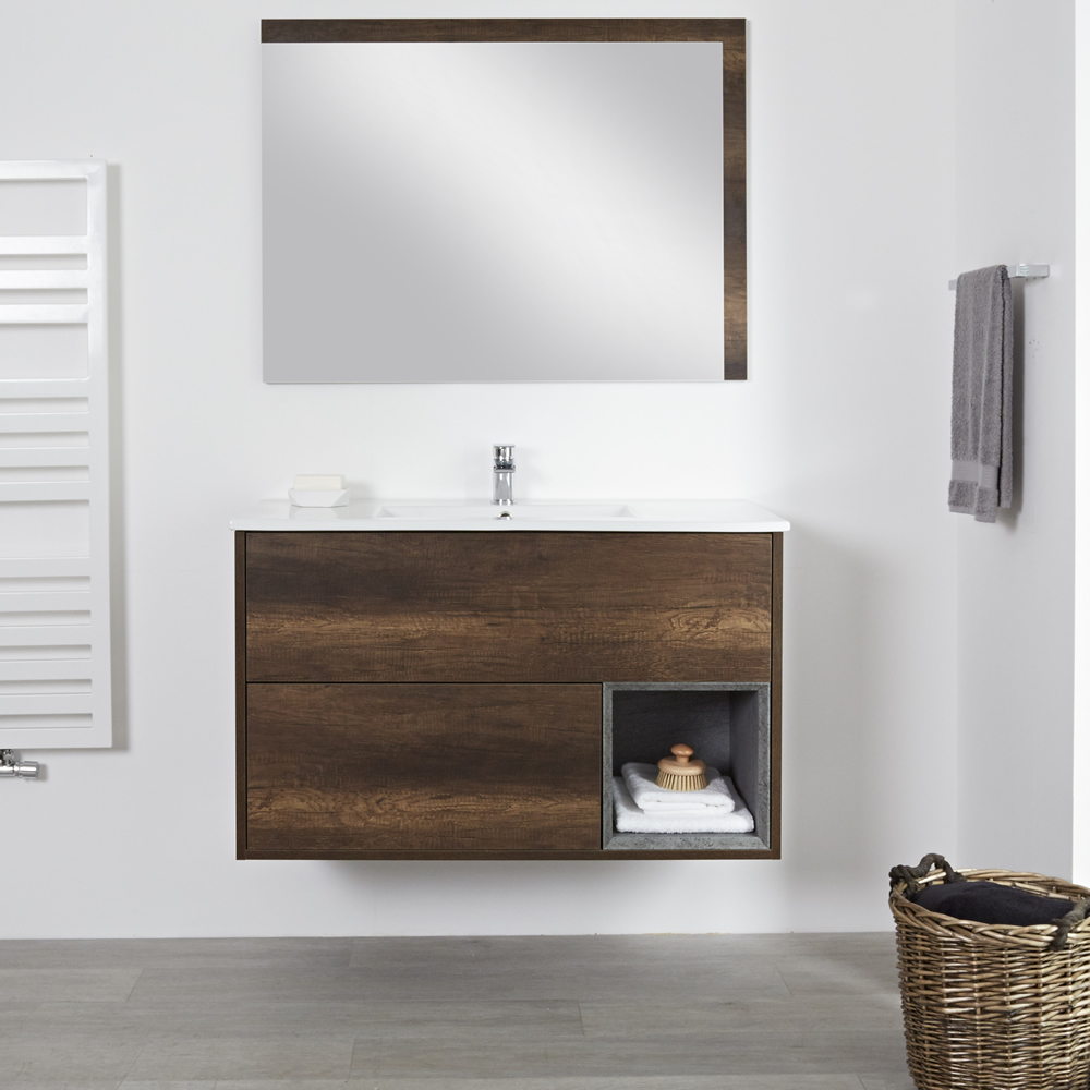 Mobile Bagno 1000mm Colore Rovere Scuro con Lavabo e Design Aperto - Hoxton