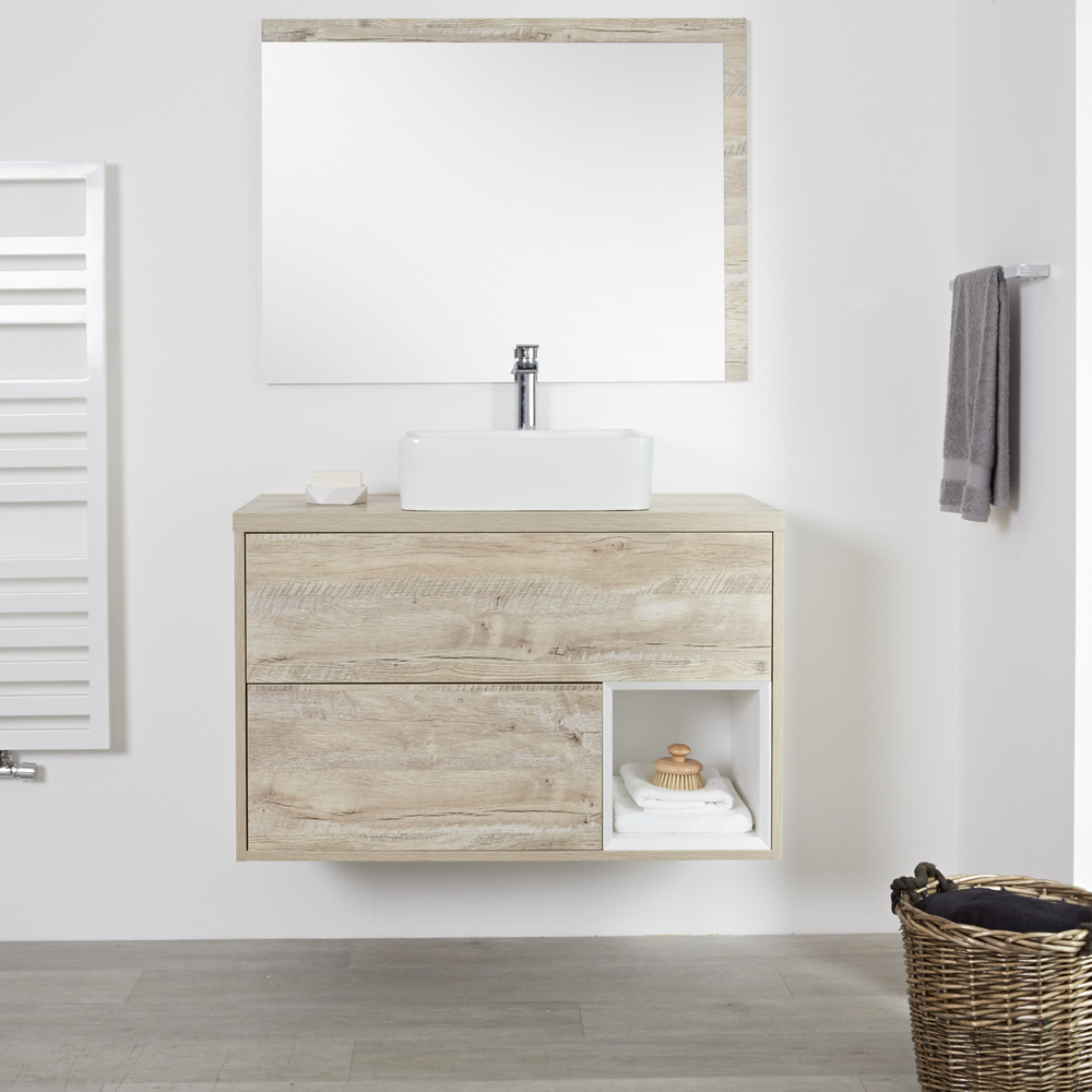 Mobile Bagno 1000mm Colore Rovere Chiaro con Design Aperto e Lavabo da Appoggio Rettangolare - Hoxton