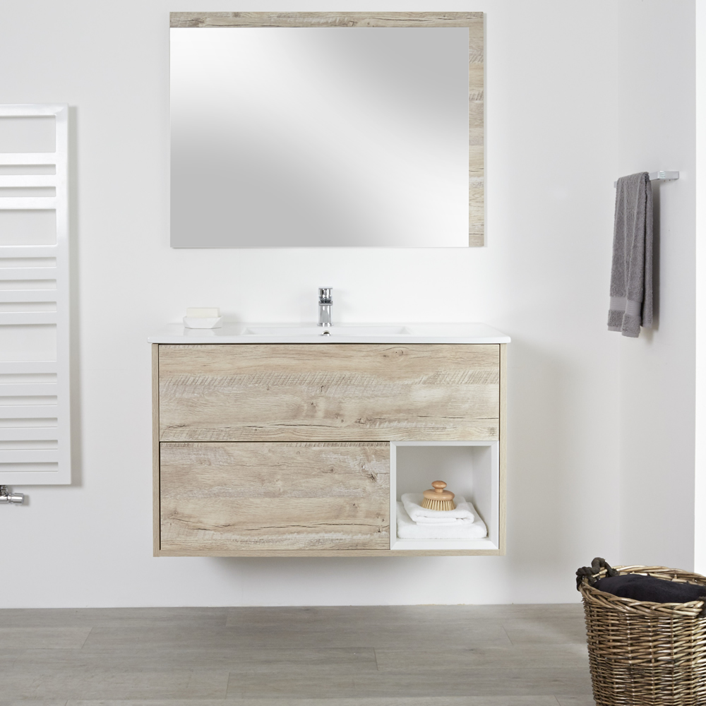 Mobile Bagno 1000mm Colore Rovere Chiaro con Lavabo e Design Aperto - Hoxton