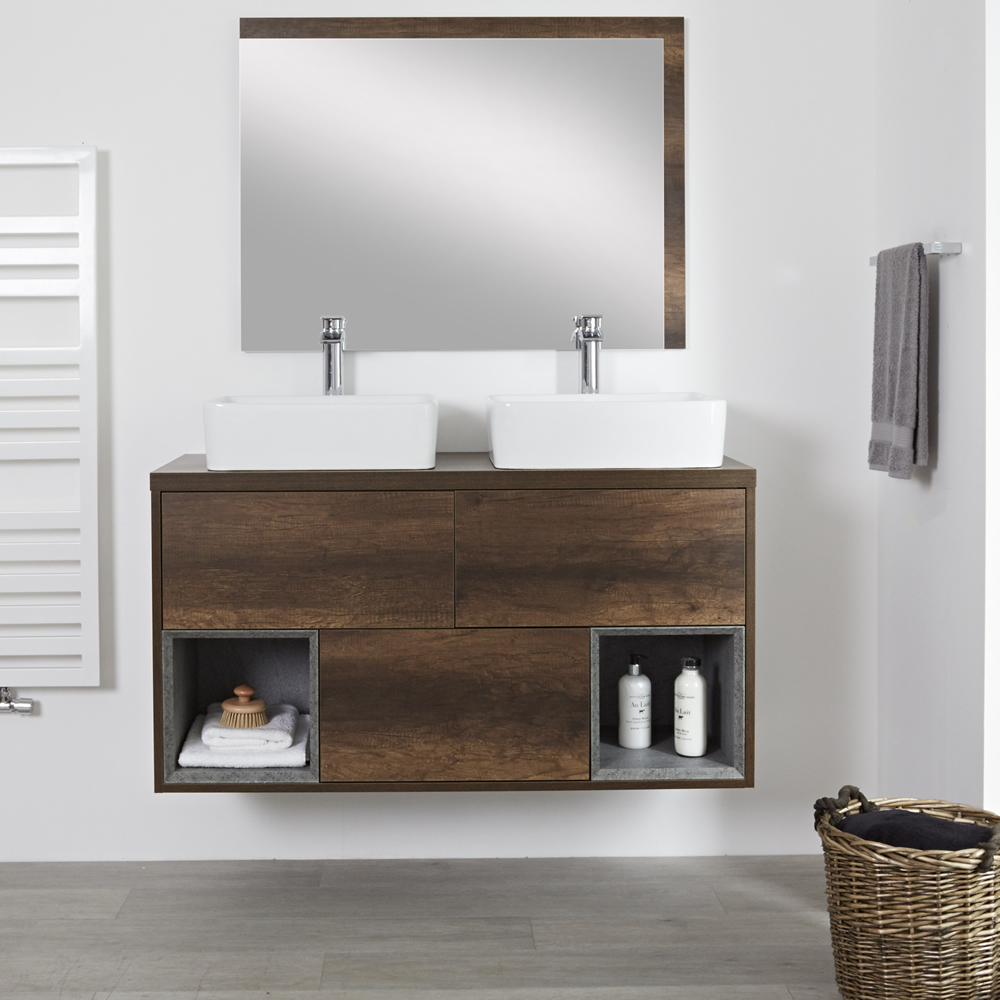 Mobile Bagno 1200mm Colore Rovere Scuro con Design Aperto e Lavabo da Appoggio Rettangolare - Hoxton