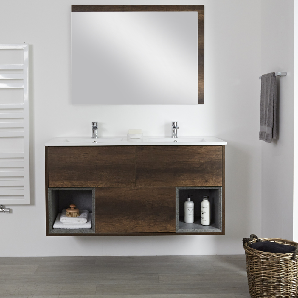 Mobile Bagno 1200mm Colore Rovere Scuro con Design Aperto e Lavabo Doppio - Hoxton