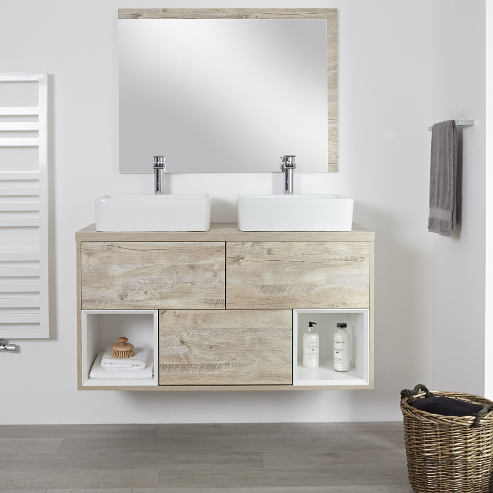 Mobile Bagno 1200mm Colore Rovere Chiaro con Design Aperto e Lavabo da Appoggio Rettangolare - Hoxton