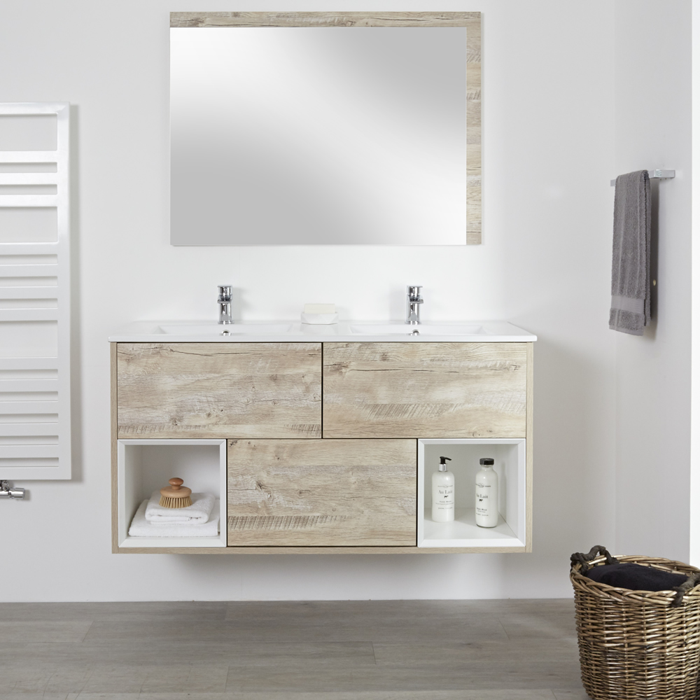 Mobile Bagno 1200mm Colore Rovere Chiaro con Design Aperto e Lavabo Doppio - Hoxton