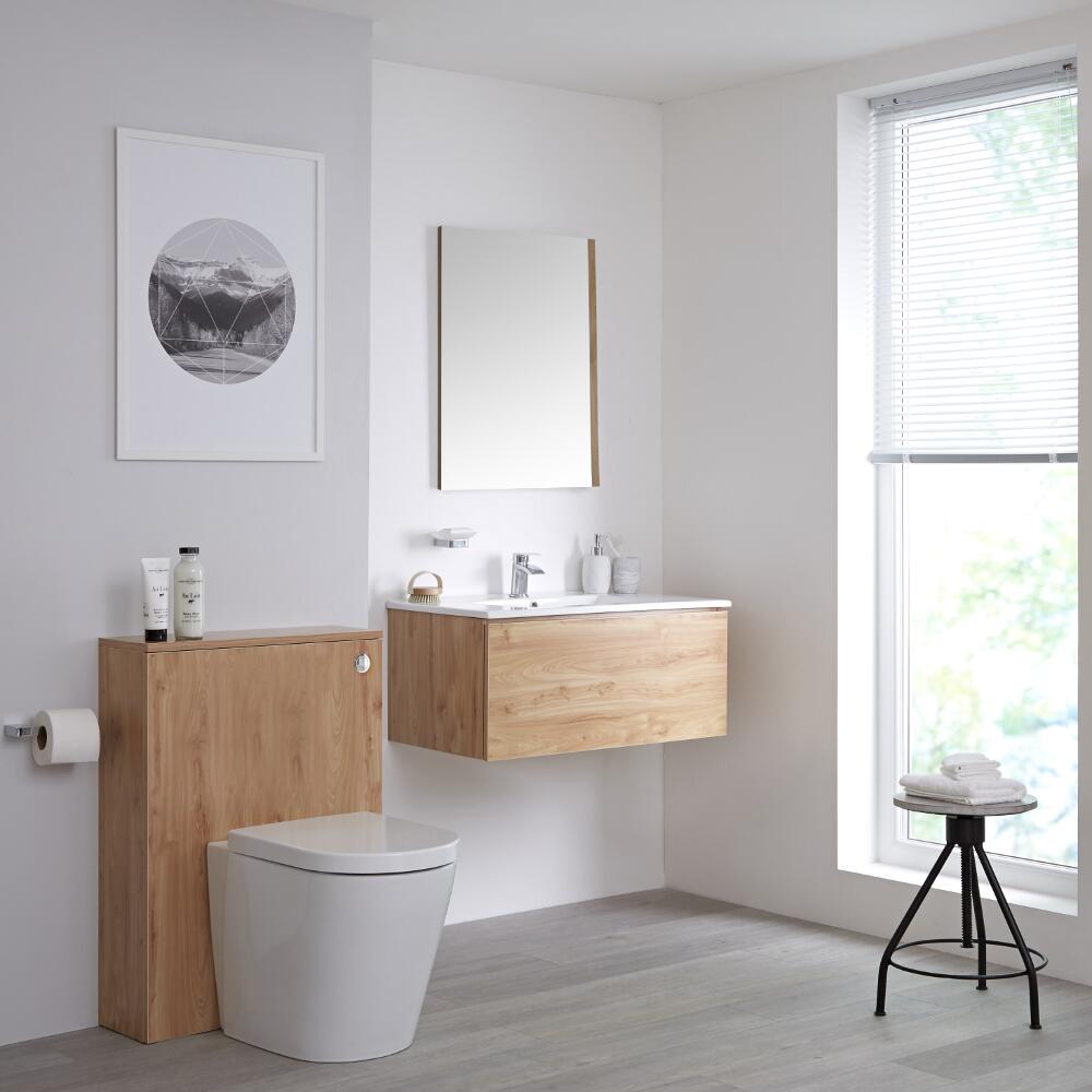 Mobile WC 800mm Colore Rovere Dorato per Stanza da Bagno Completo di Sanitario Sospeso, Cassetta e Lavabo Disponibile con Opzione LED - Newington