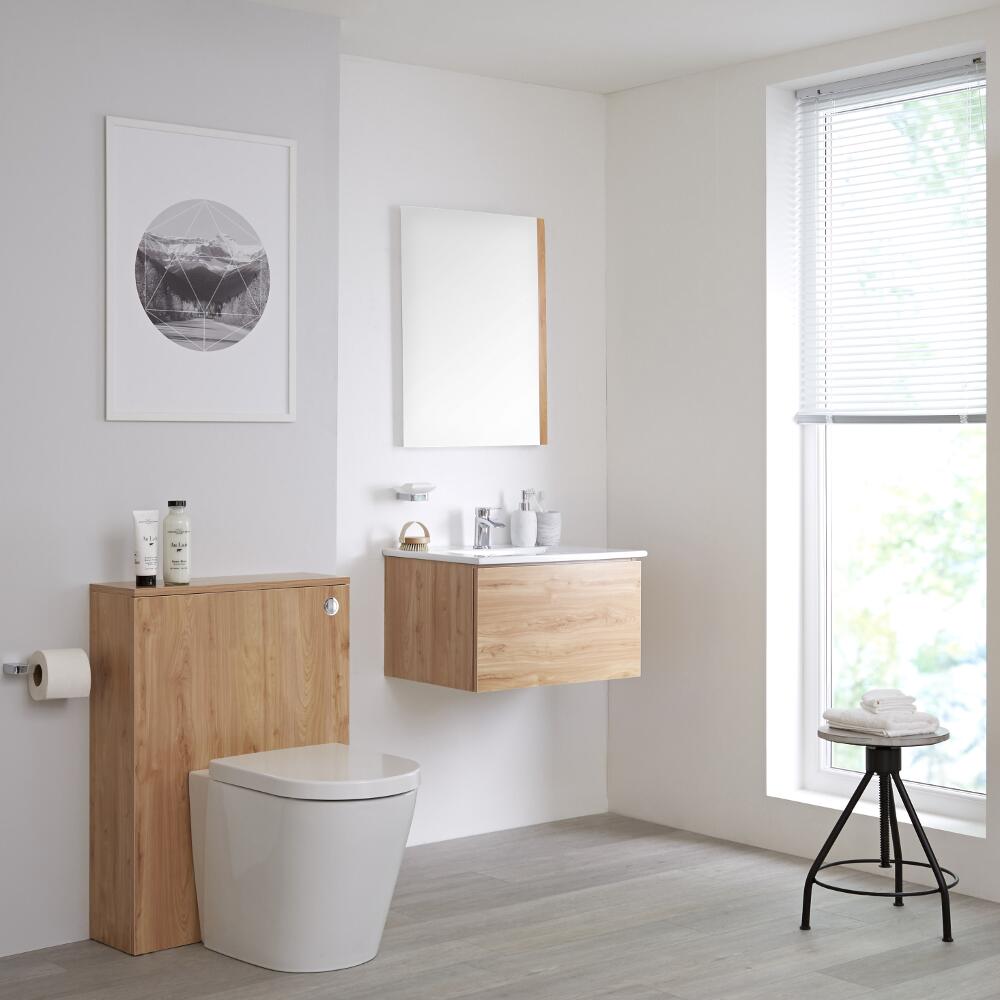 Mobile Bagno Colore Bianco Opaco 600mm Completo di Sanitario, Lavabo, Cassetta, Colonna Bagno Murale e Specchio Disponibile con Opzione LED - Newington