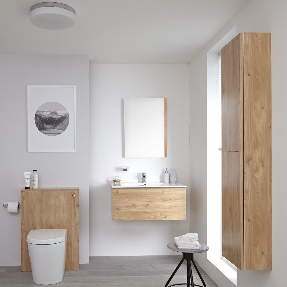 Mobile Bagno 800mm Colore Rovere Dorato Completo di Cassetta , Sanitario, Lavabo, Colonna Bagno Murale e Specchio Disponibile con Opzione LED - Newington