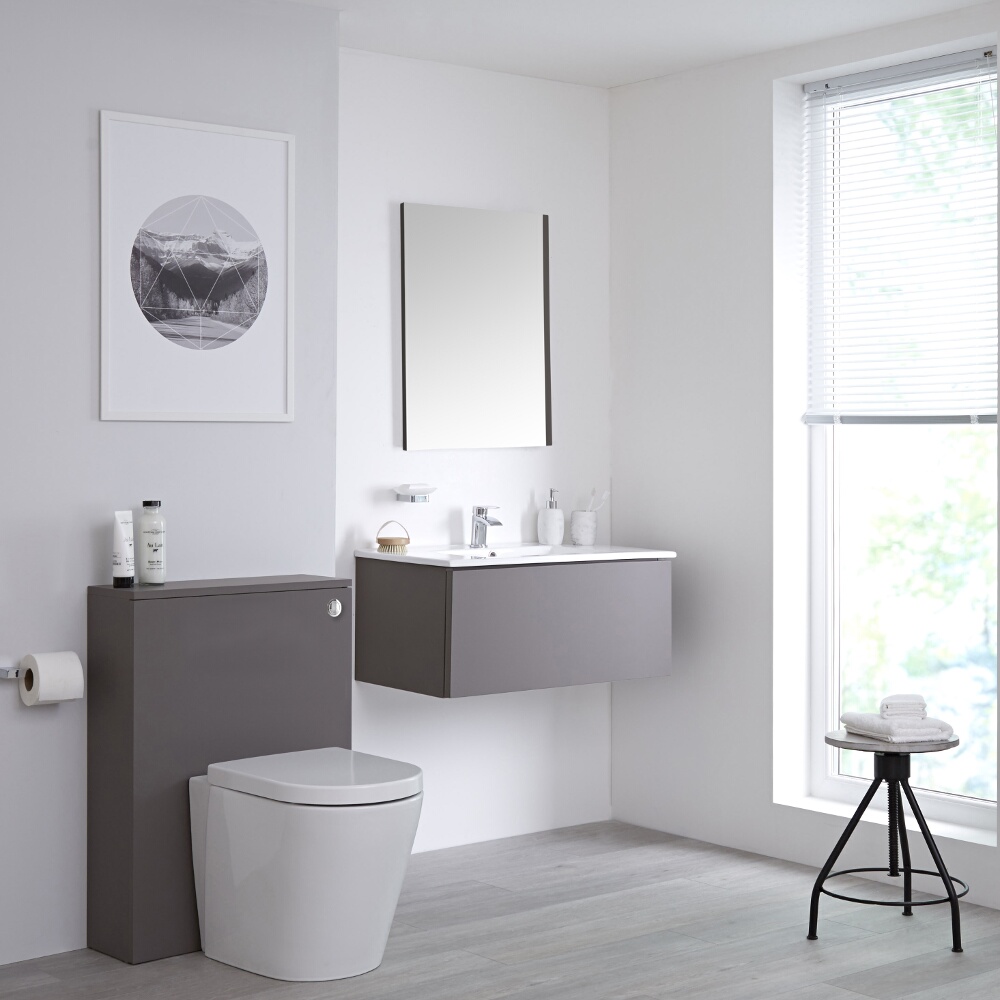 Mobile WC 800mm Colore Grigio Opaco per Stanza da Bagno Completo di Sanitario Sospeso, Cassetta e Lavabo Disponibile con Opzione LED - Newington