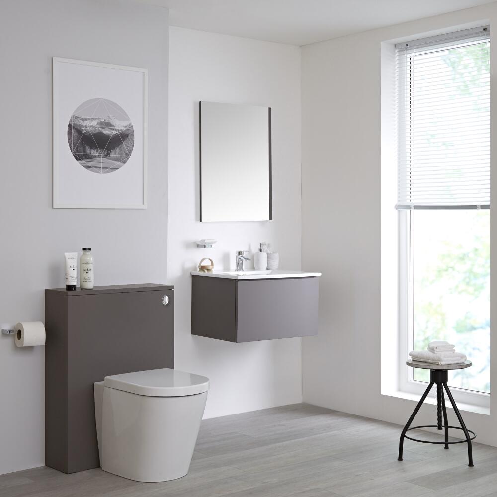 Mobile WC 600mm Colore Grigio Opaco per Stanza da Bagno Completo di Cassetta , Sanitario e Lavabo Disponibile con Opzione LED - Newington