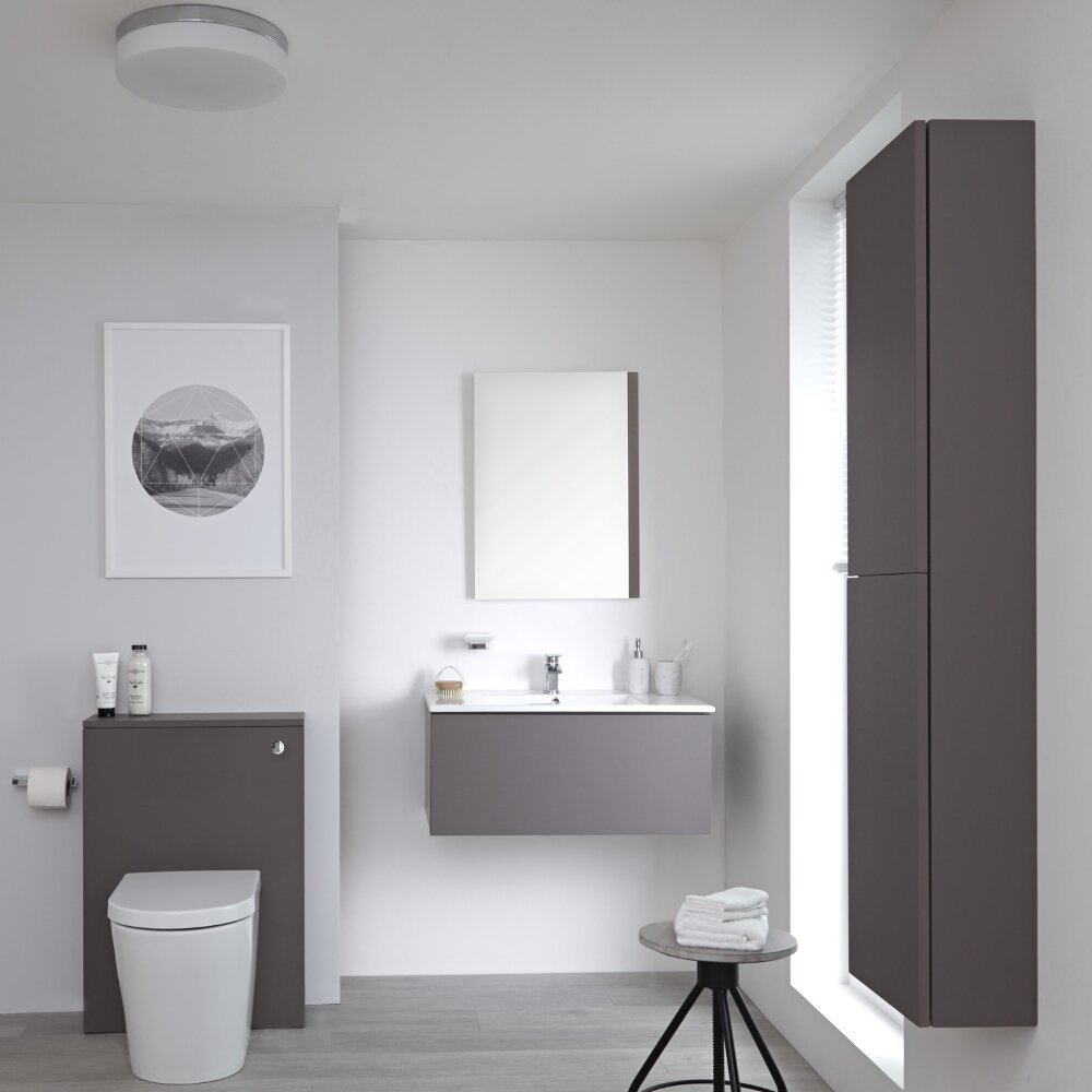 Mobile Bagno 800mm Colore Grigio Opaco Completo di Cassetta , Sanitario, Lavabo, Colonna Bagno Murale e Specchio Disponibile con Opzione LED - Newington