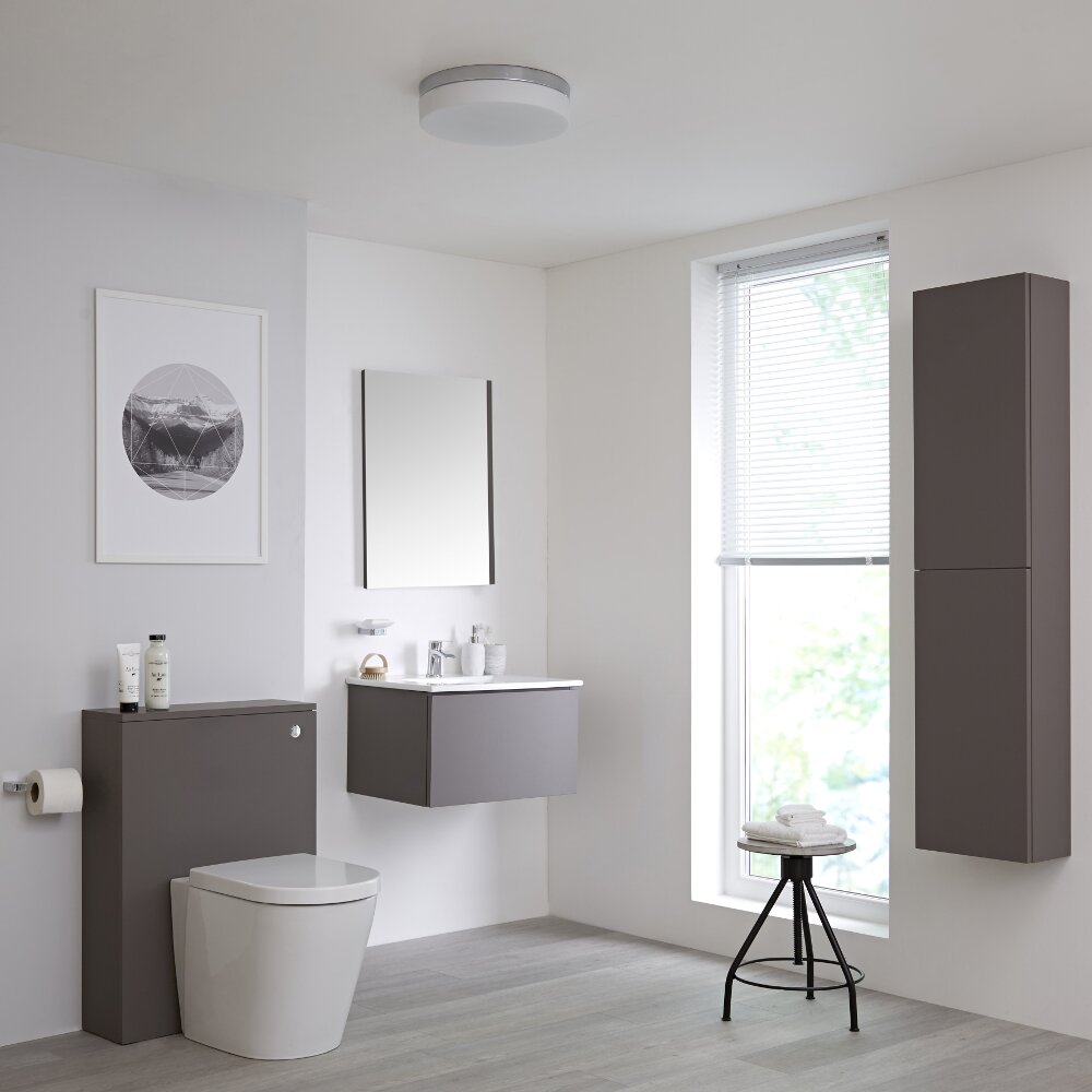 Mobile Bagno 600mm Colore Grigio Opaco Completo di Cassetta , Sanitario, Lavabo, Colonna Bagno Murale e Specchio Disponibile con Opzione LED - Newington