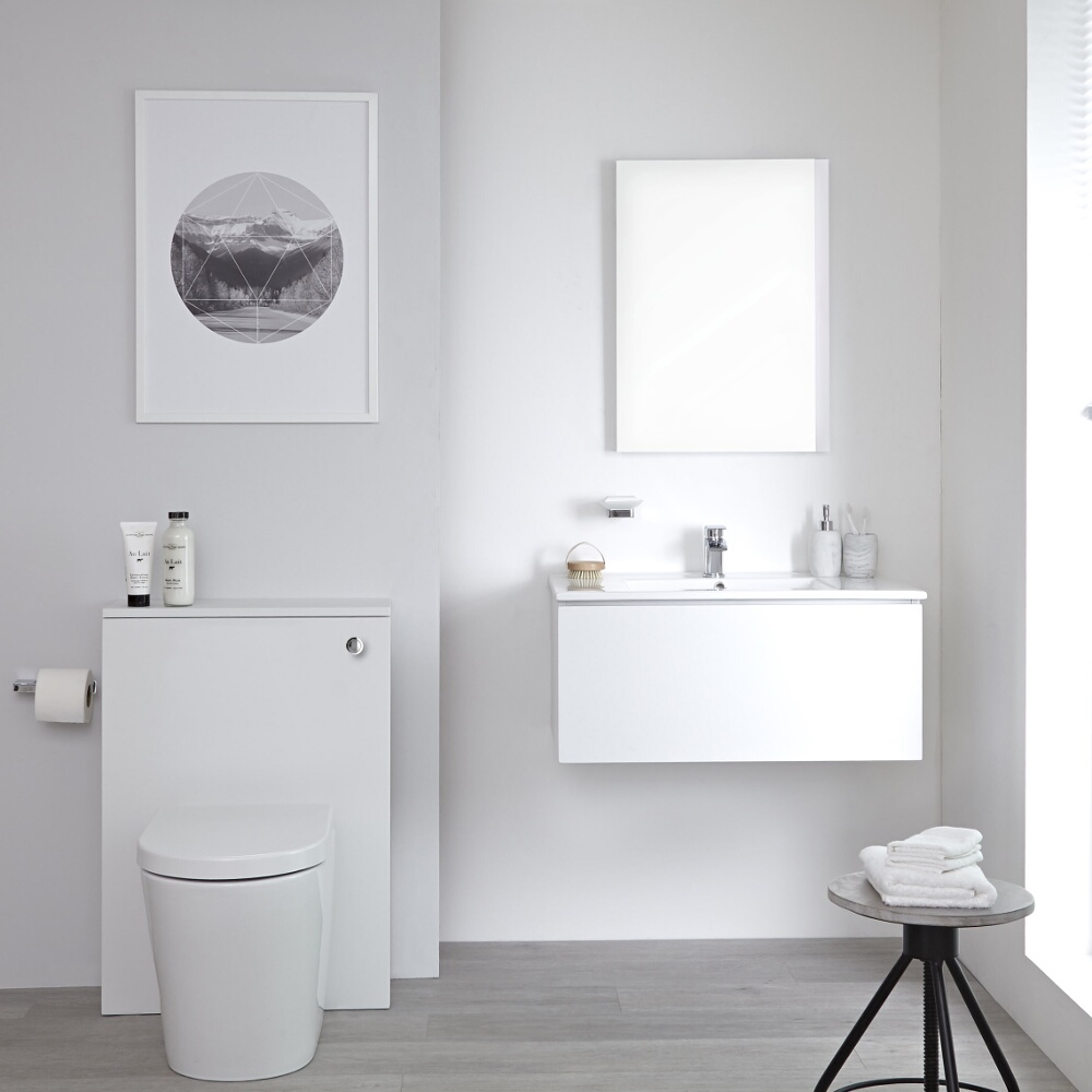 Mobile WC 800mm Colore Bianco Opaco per Stanza da Bagno Completo di Sanitario Sospeso, Cassetta e Lavabo - Newington