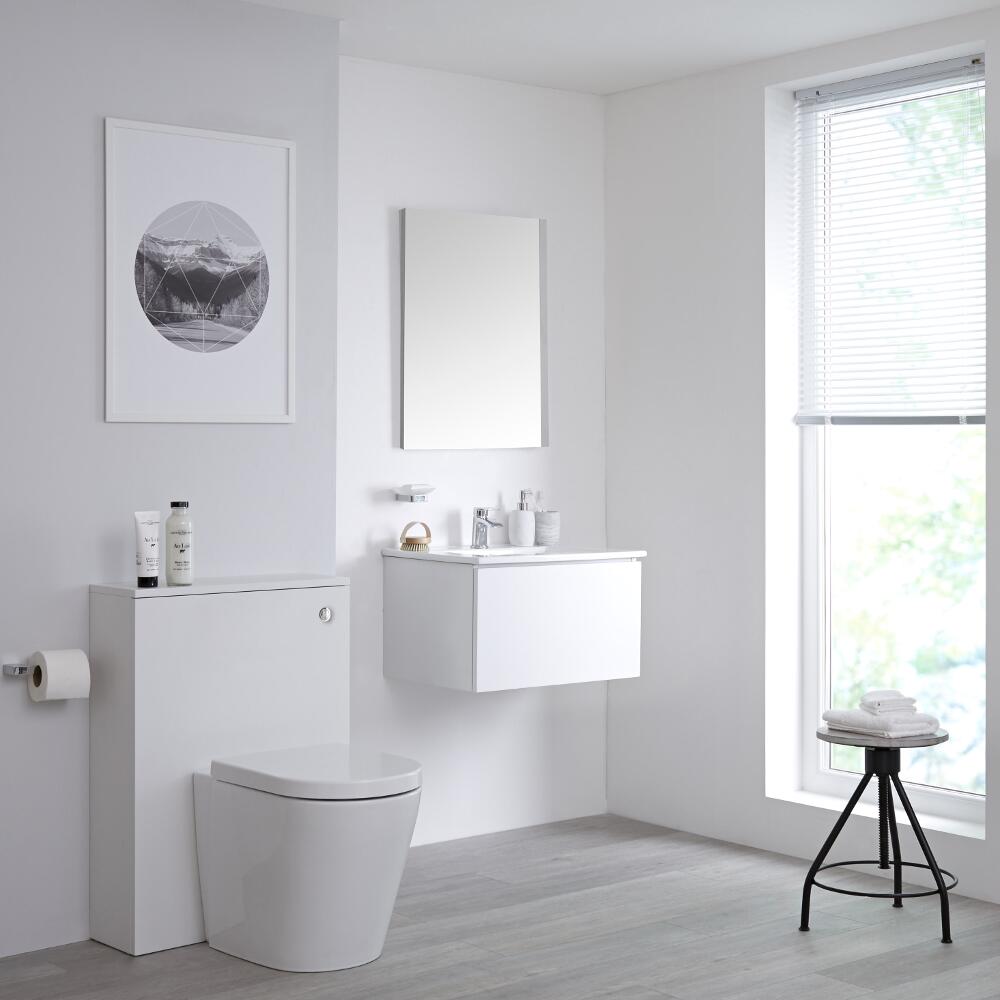 Mobile WC 600mm Colore Bianco Opaco per Stanza da Bagno Completo di Cassetta , Sanitario e Lavabo Disponibile con Opzione LED - Newington