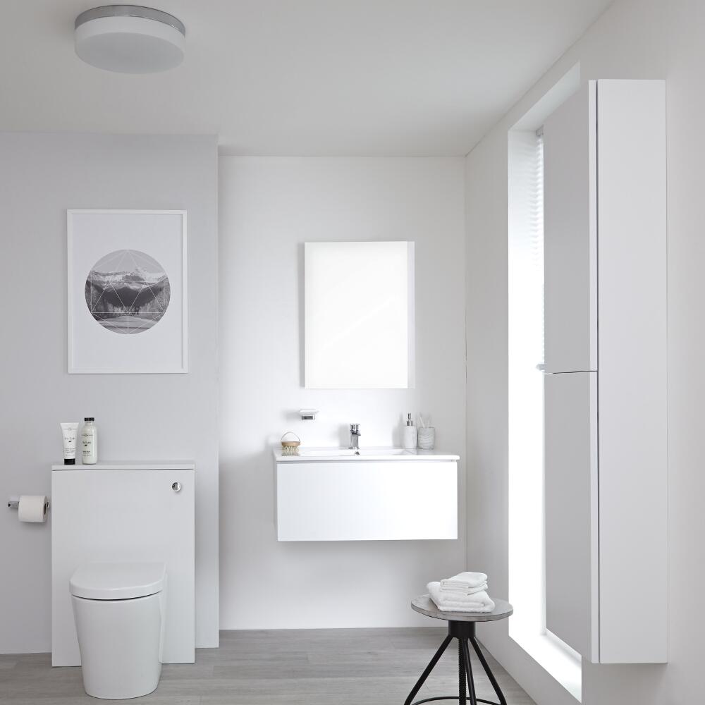 Mobile Bagno 800mm Colore Bianco Opaco Completo di Cassetta , Sanitario, Lavabo, Colonna Bagno Murale e Specchio Disponibile con Opzione LED - Newington