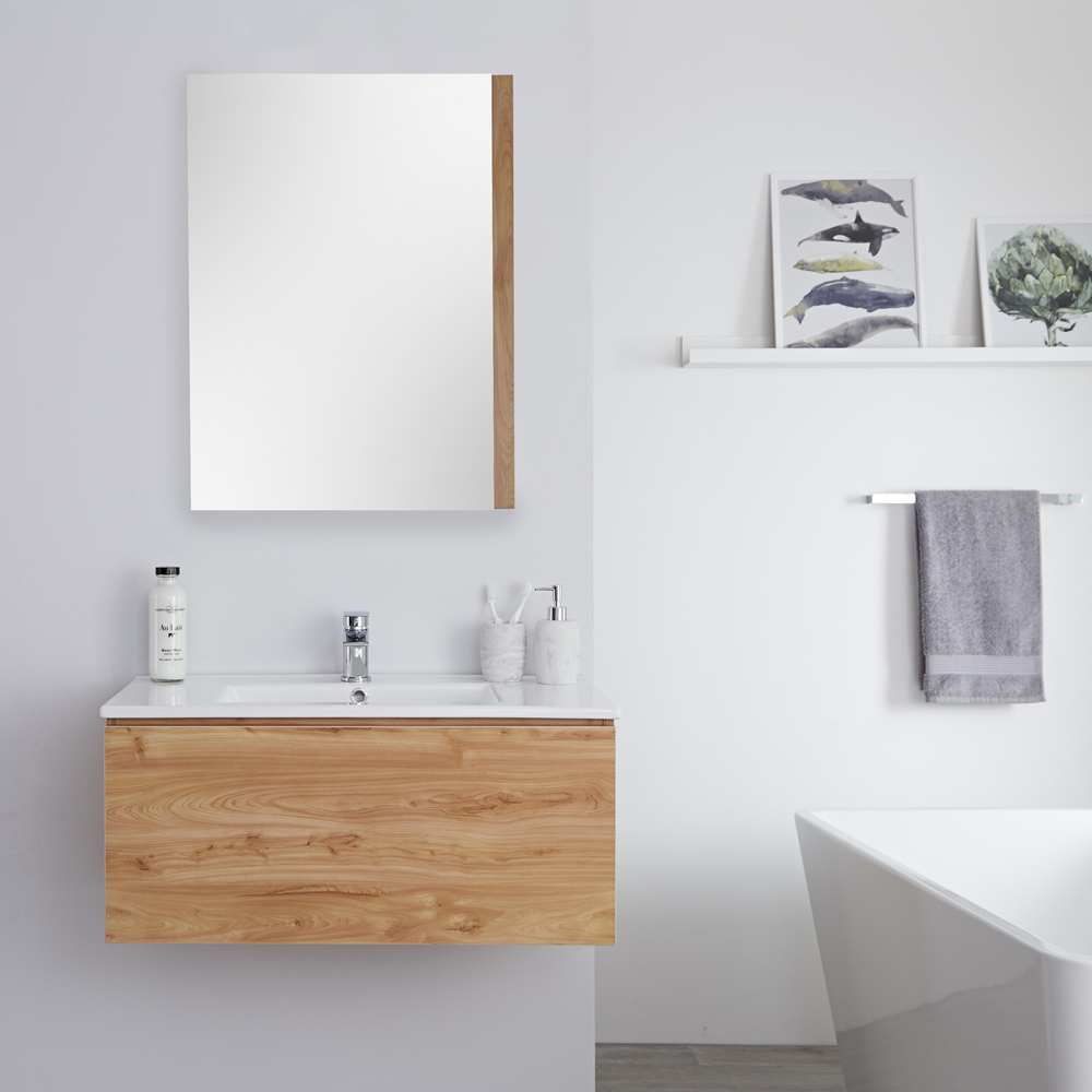 Mobile Bagno Murale 800mm con Lavabo Integrato Colore Rovere Dorato Disponibile con Opzione LED - Newington