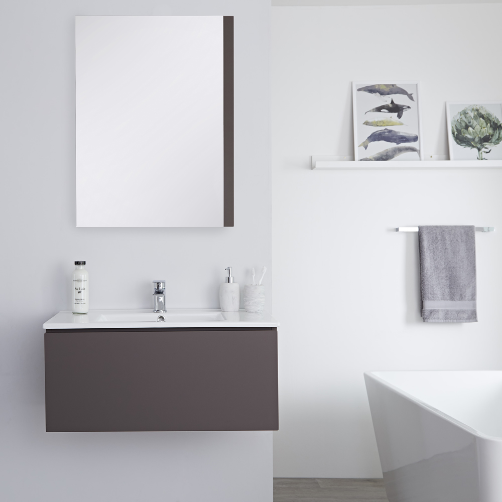 Mobile Bagno Murale 800mm con Lavabo Integrato Colore Grigio Opaco Disponibile con Opzione LED - Newington
