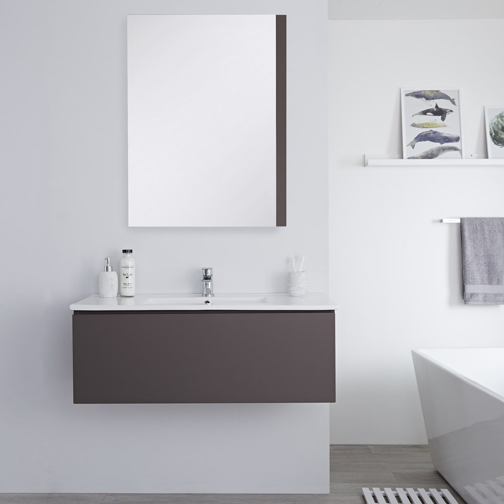 Mobile Bagno Murale 1000mm con Lavabo Integrato Colore Gris Opaco Disponibile con Opzione LED - Newington
