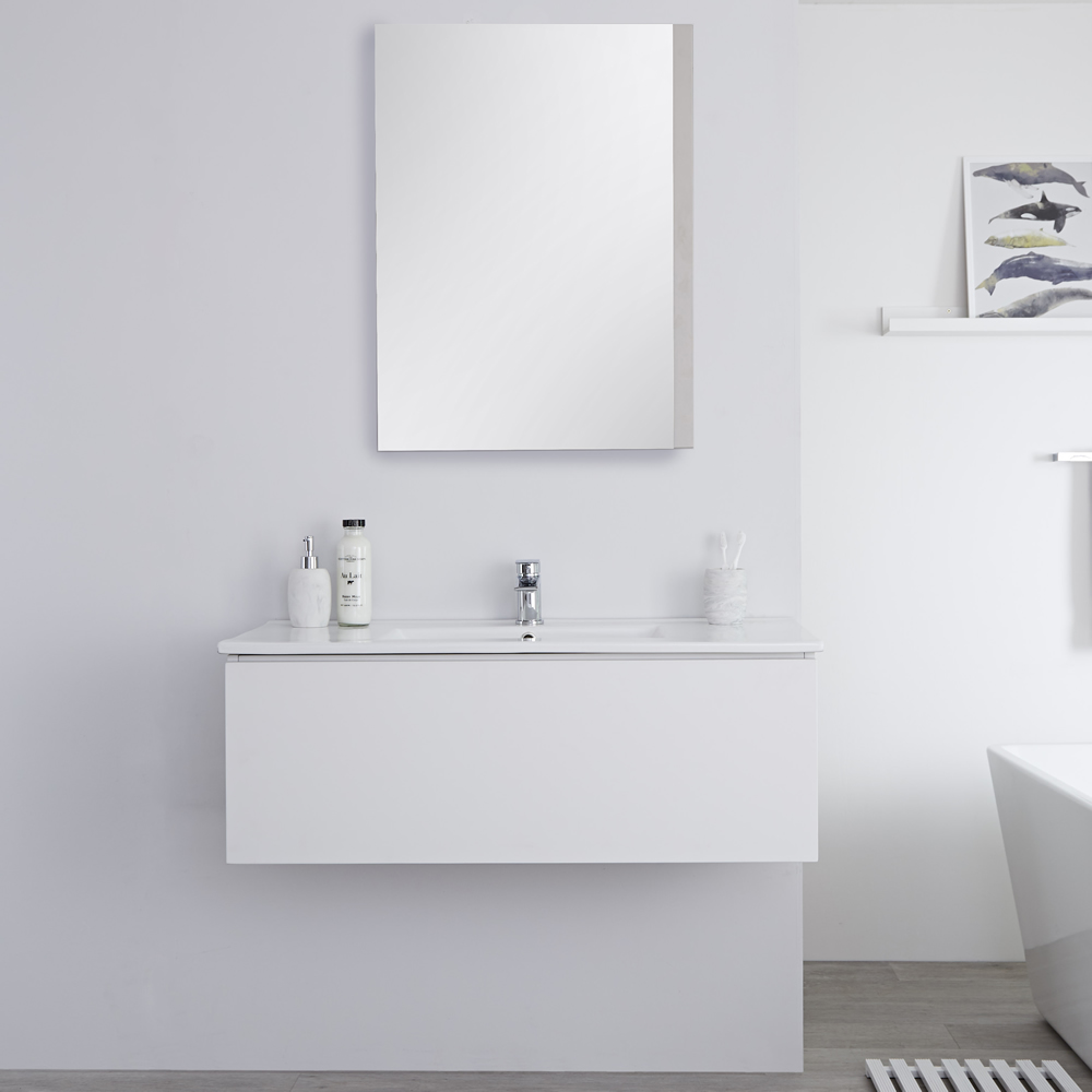Mobile Bagno Murale 1000mm con Lavabo Integrato Colore Bianco Opaco Disponibile con Opzione LED- Newington