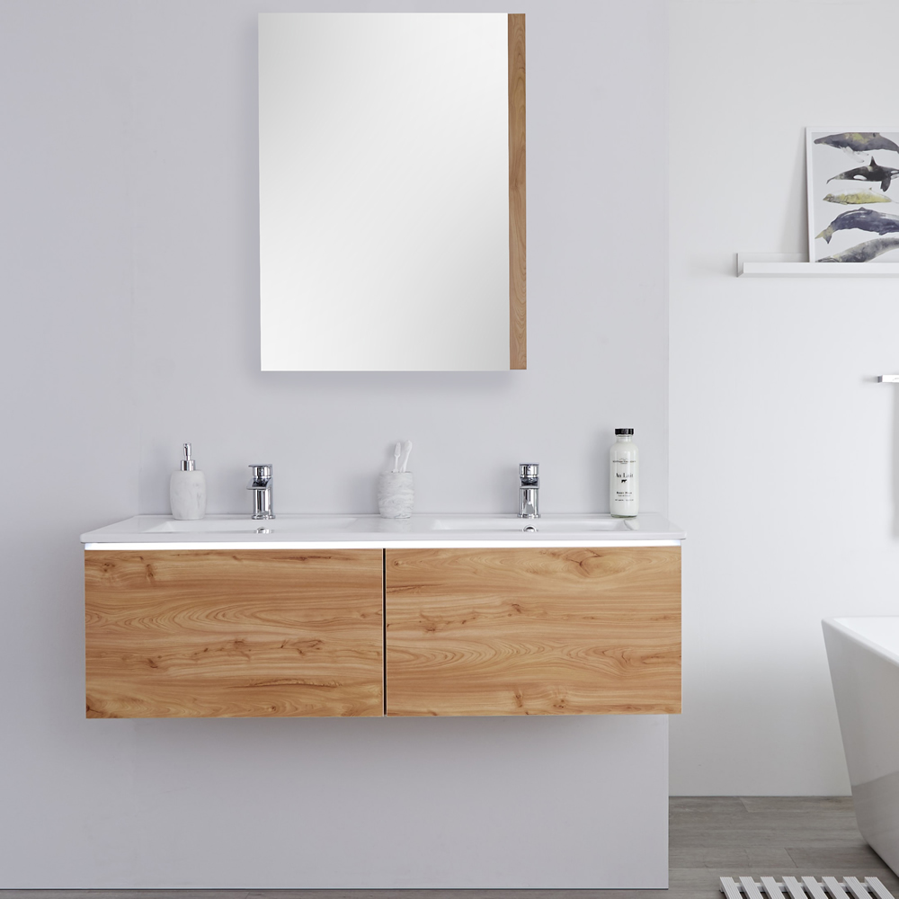 Mobile Bagno Murale 1200mm con 2 Lavabi Integrati Colore Rovere Dorato - Newington