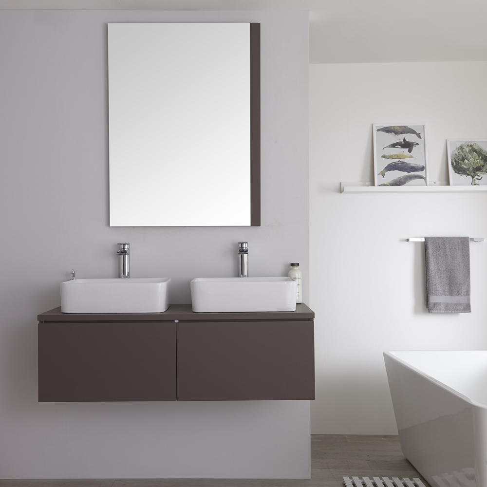 Mobile Bagno Murale 1200mm Colore Grigio Opaco con Lavabo da Appoggio Doppio Disponibile con Opzione LED - Newington