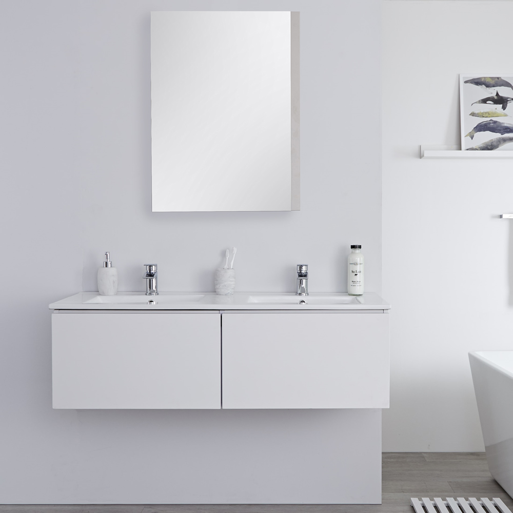 Mobile Bagno Murale 1200mm con 2 Lavabi Integrati Colore Bianco Opaco Disponibile con Opzione LED - Newington
