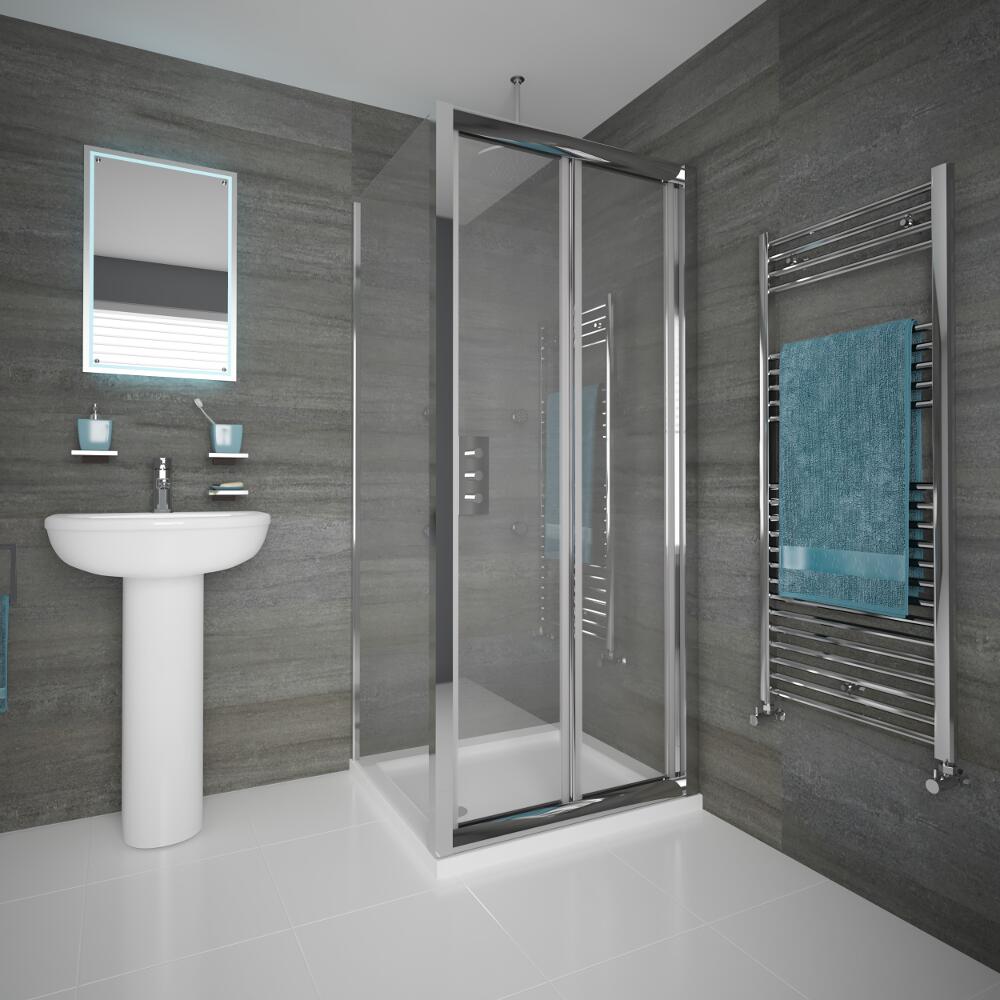 Box Doccia Angolare Battente Completo di Parete Doccia Fissa 900x900x1950mm, Piatto Doccia e Piletta - Portland