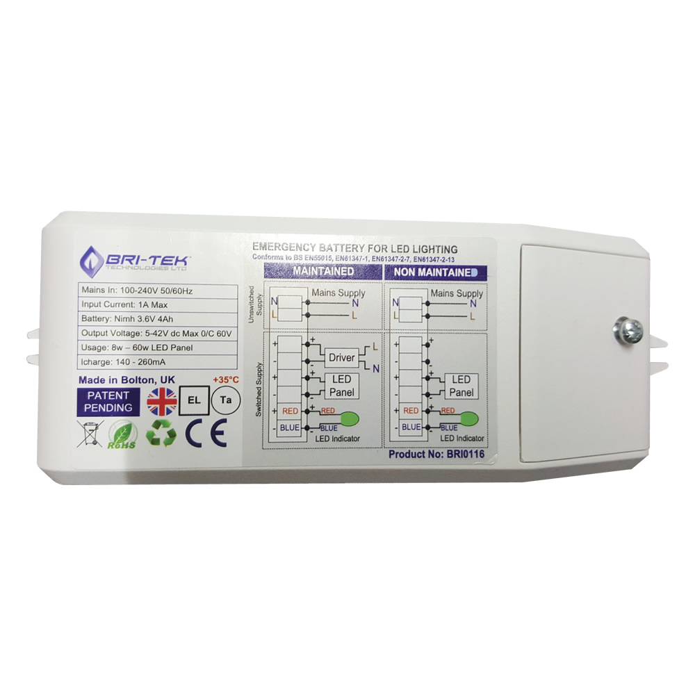 Bri-Tek Kit con Batteria di Emergenza Bri-Tek 3h per Illuminazione per Pannelli da Soffitto LED 8-60W