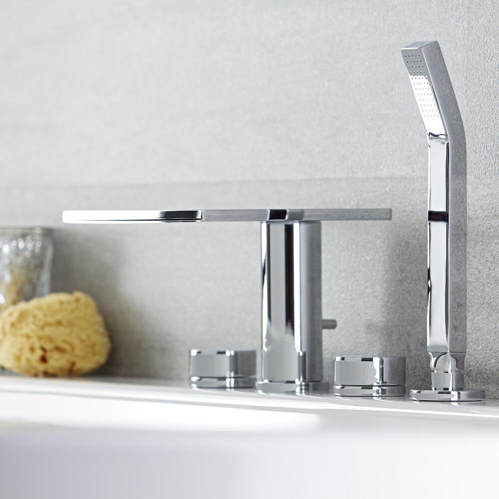 Batteria Bordo Vasca a 4 Fori con Rubinetto a Cascata e Doccetta - Blade