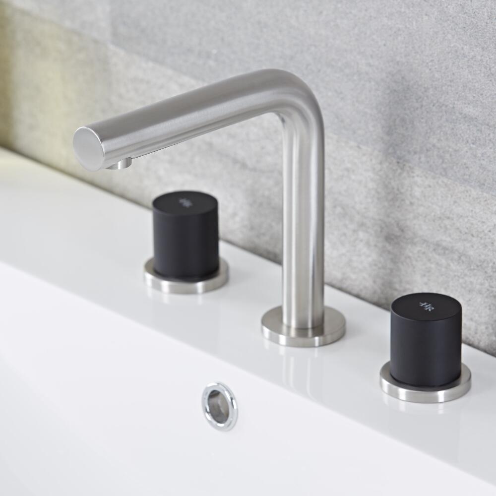 Batteria Sopra Lavabo Tradizionale a 3 Fori Acciaio Inox Spazzolato con Manopole Nere - Bomere
