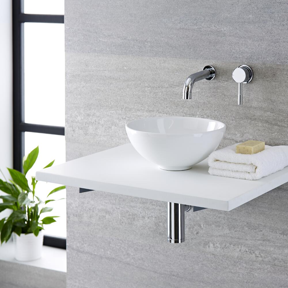 Lavabo Bagno da Appoggio Tondo in Ceramica 280x280mm con Rubinetto Miscelatore Murale - Ashbury