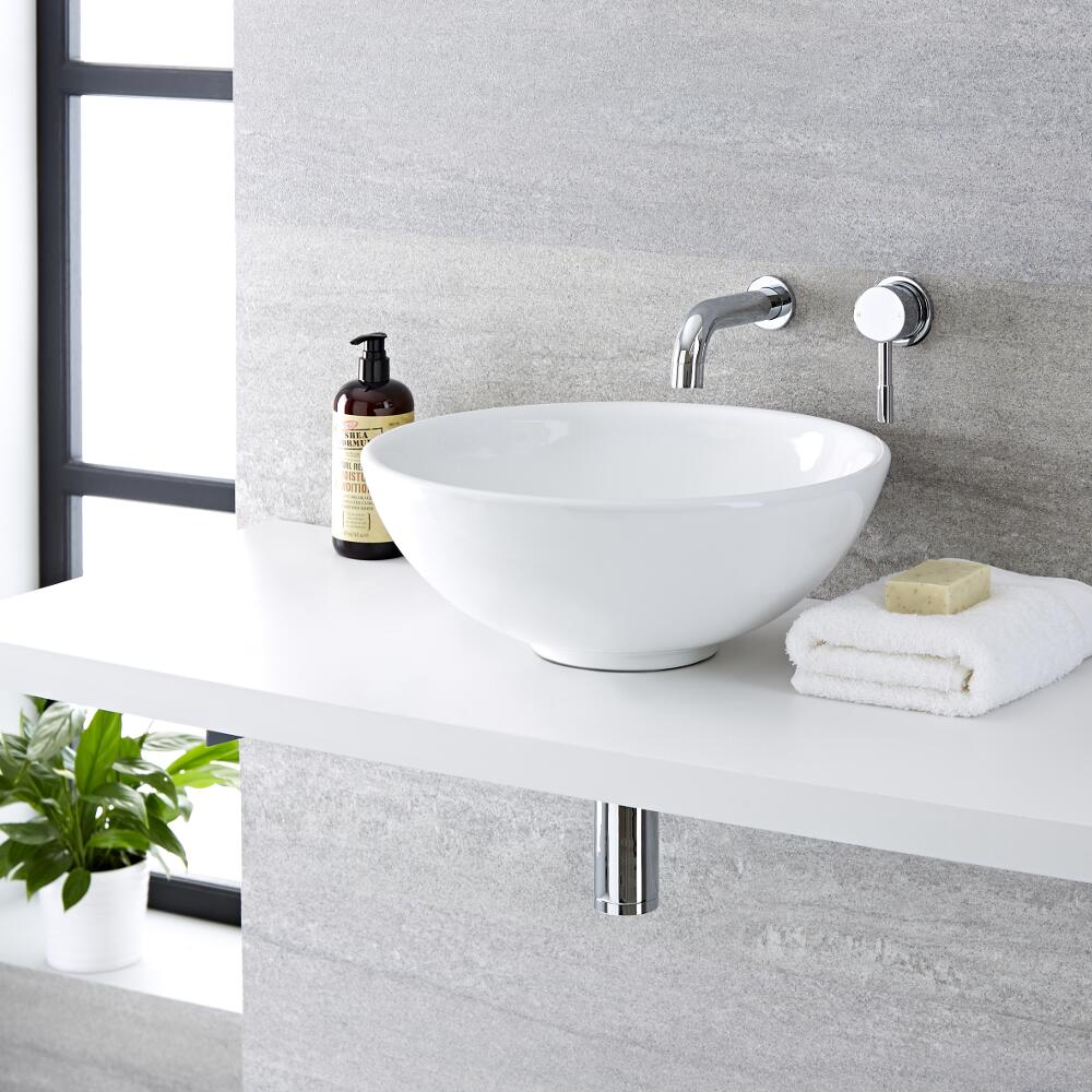 Lavabo Bagno da Appoggio Tondo in Ceramica 400x400mm con Rubinetto Miscelatore Murale - Ashbury