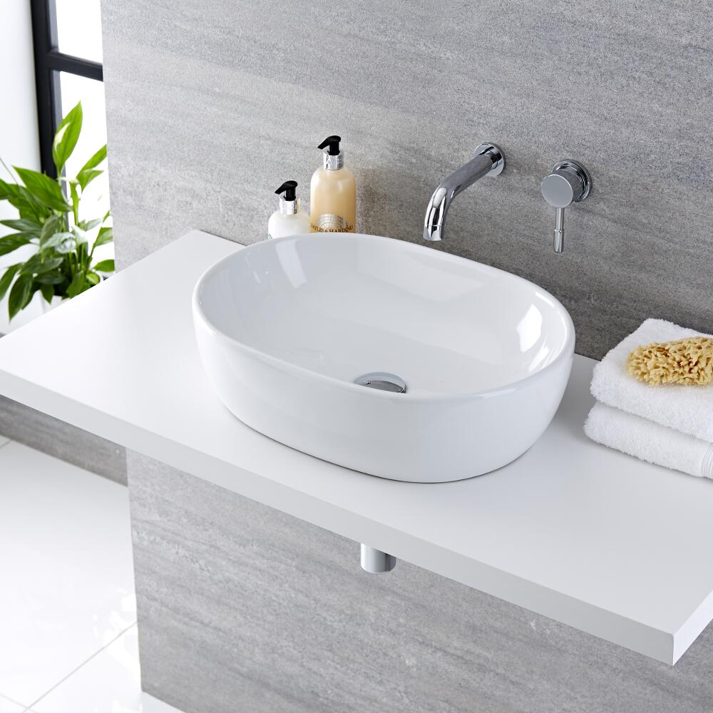 Lavabo Bagno da Appoggio in ceramica Ovale 480x350mm con Rubinetto Miscelatore Murale - Otterton