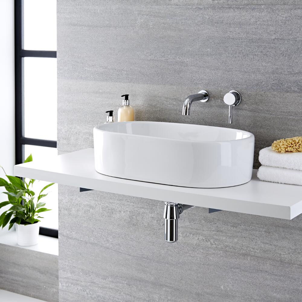 Lavabo Bagno da Appoggio in Ceramica Ovale 560x355mm con Rubinetto Miscelatore Murale - Otterton