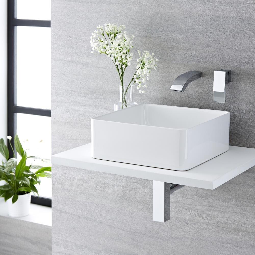Lavabo Bagno da Appoggio Quadrato in Ceramica 360x360mm con Rubinetto Miscelatore per Lavabo - Alswear