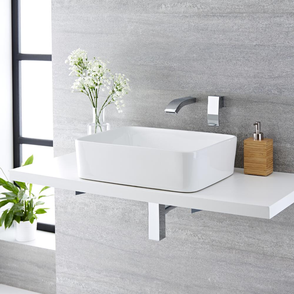 Lavabo Bagno da Appoggio Rettangolare in Ceramica 480x370mm con Rubinetto Miscelatore per Lavabo - Alswear