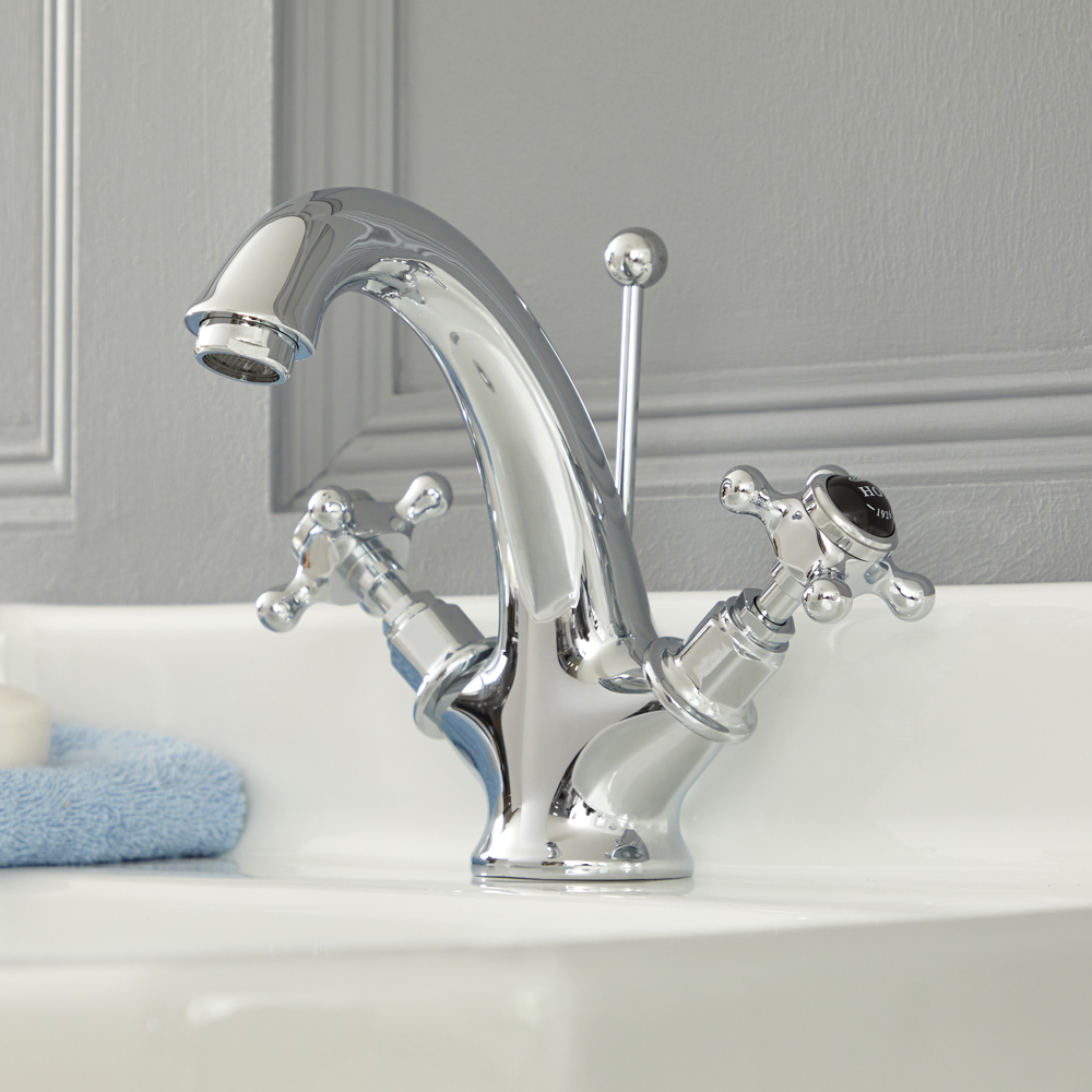 Rubinetto Miscelatore Lavabo Monoforo Tradizionale Cromato e Nero con Maniglie a Croce - Elizabeth