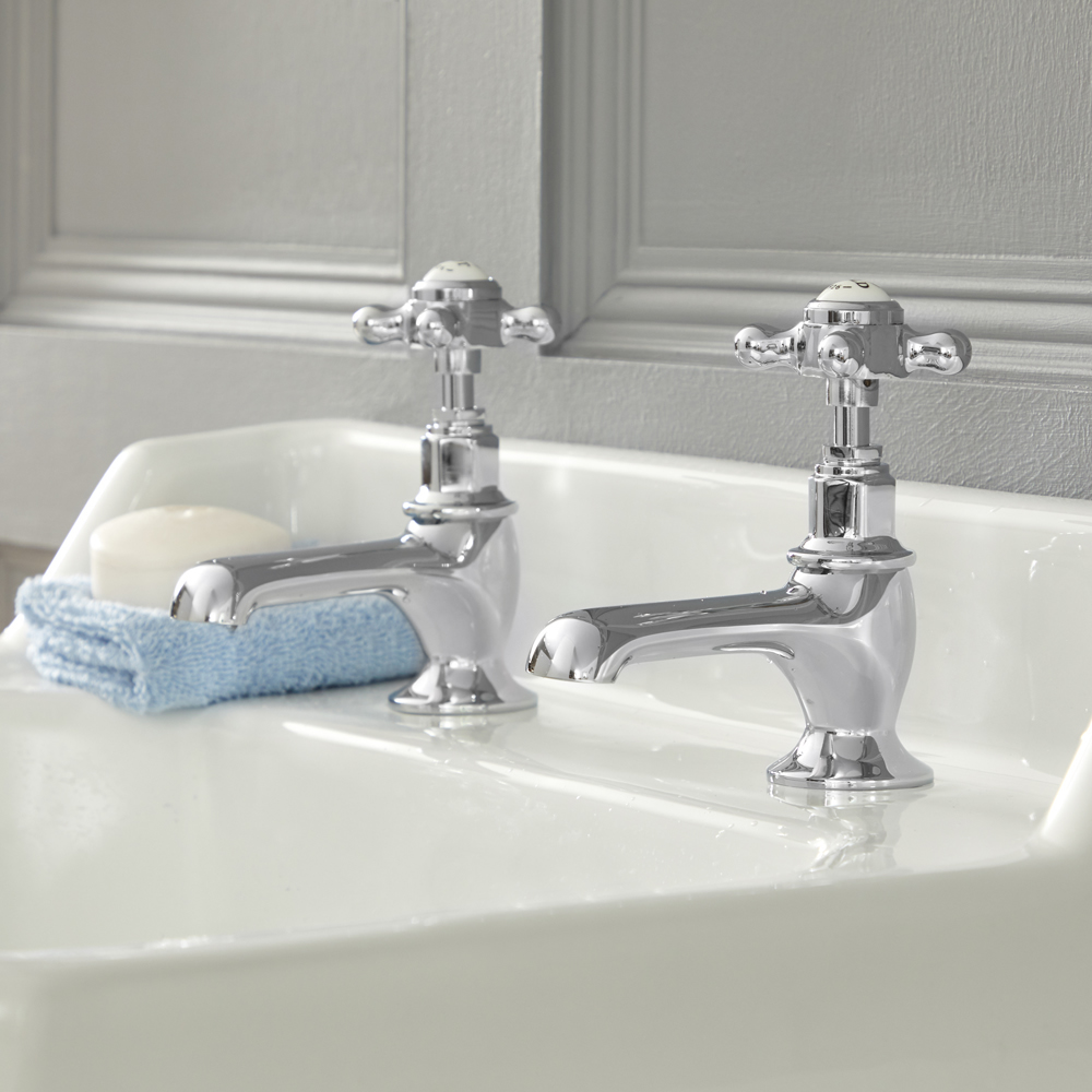 Coppia Rubinetti Singoli per Lavabo Design Tradizionale Finitura Cromata e Bianca con Maniglie a Croce - Elizabeth