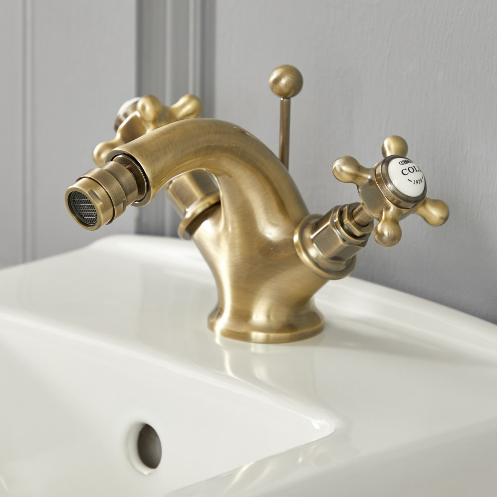 Rubinetto Miscelatore Bidet Monoforo Design Tradizionale Finitura Effetto Oro Spazzolato con Maniglie a Croce - Elizabeth