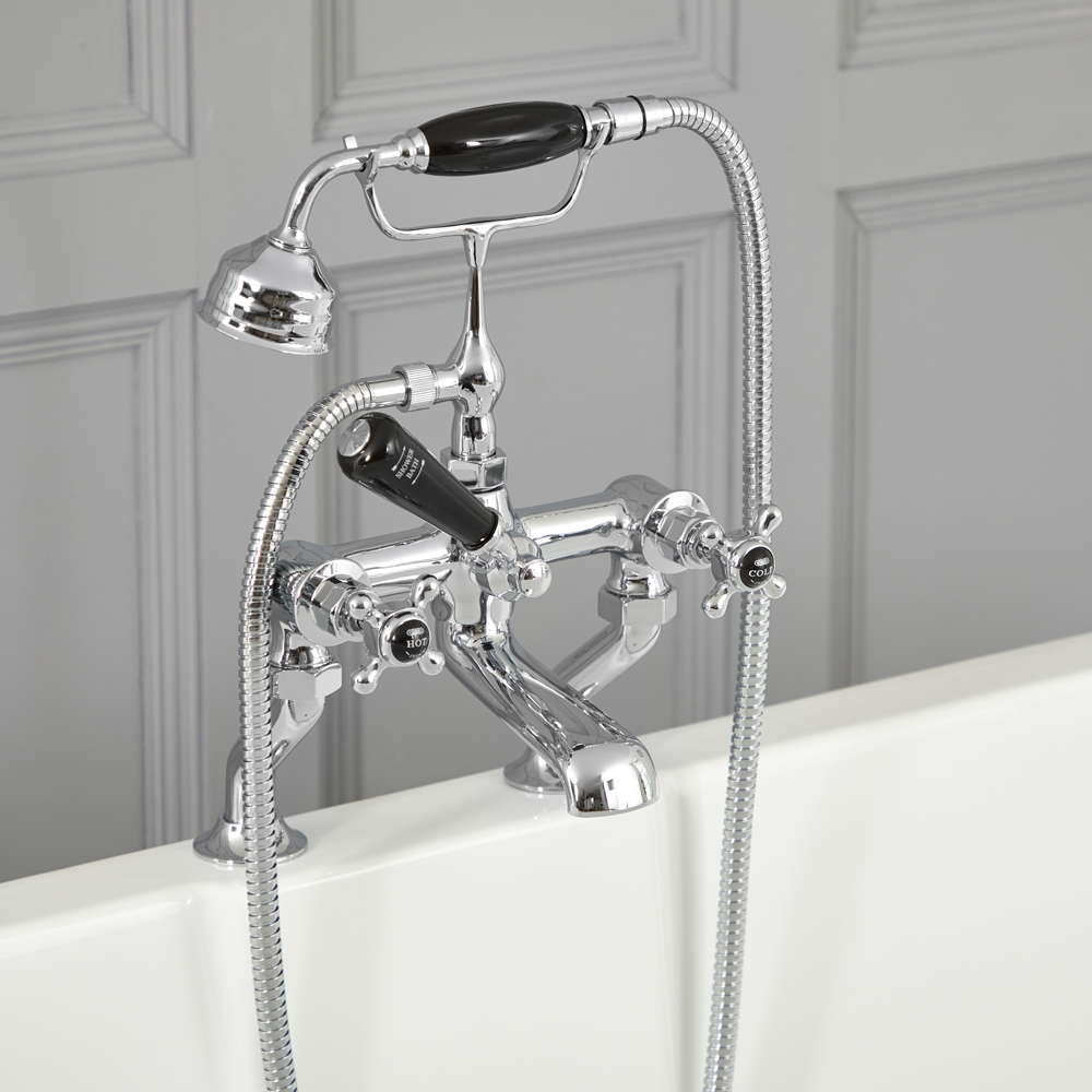 Rubinetto Miscelatore Vasca Design Tradizionale Finitura Cromata e Nera con Maniglie a Croce - Elizabeth
