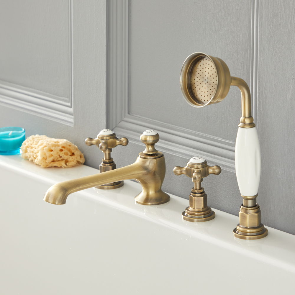 Rubinetto Miscelatore Vasca a 4 Fori con Doccetta Design Tradizionale Effetto Oro Spazzolato con Maniglie a Croce - Elizabeth